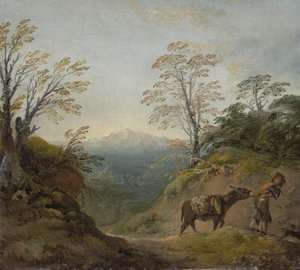 Paisaje boscoso con un niño guiando un burro y un perro, y un panorama extenso con edificios y colinas distantes, principios de 1760s de Thomas Gainsborough