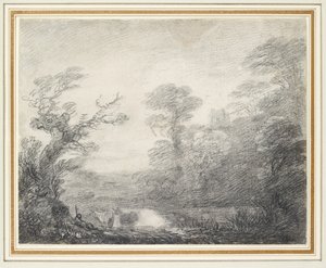 Paisaje boscoso con pastor, vacas y torre de iglesia de Thomas Gainsborough