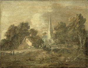 Paisaje boscoso con escena de pueblo, principios de 1770-72