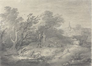 Bosques cerca de un pueblo con cazadores de conejos y sus galgos de Thomas Gainsborough