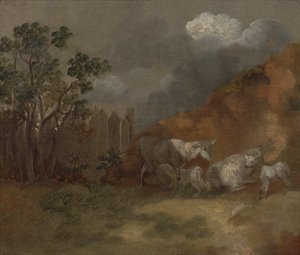Ovejas y corderos junto a una valla de Thomas Gainsborough RA