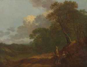 Paisaje arbolado con un hombre hablando con dos mujeres sentadas de Thomas Gainsborough RA