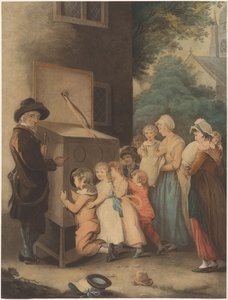 Niños alrededor de una vitrina El showman / La pieza Curieuse de Thomas Gaugain