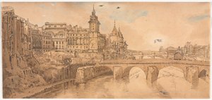 Una selección de veinte de las vistas más pintorescas de París: Vista del Pont au Change, el Teatro de la Ciudad, Pont Neuf, Prisión de la Conciergerie, y tomada desde el Pont Notre Dame de Thomas Girtin