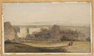 Un amplio edificio con construcciones agrícolas y ruinas de una iglesia de Thomas Girtin