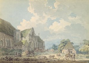 El granero del diezmo en Abbotsbury con la abadía en la colina, c.1795 de Thomas Girtin