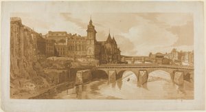 Vista del Pont au Change, el Teatro de la Ciudad, Pont Neuf, Prisión de la Conciergerie, etc. desde el Pont Notre Dame, de Una selección de veinte de las vistas más pintorescas de París de Thomas Girtin