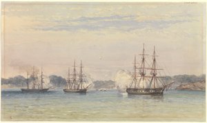 La Guerra de China 1857, tres de los buques de Su Majestad bombardeando y barcos en la costa de Thomas Goldsworth Dutton