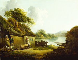 Una familia gitana fuera de un granero en un paisaje (óleo sobre lienzo)