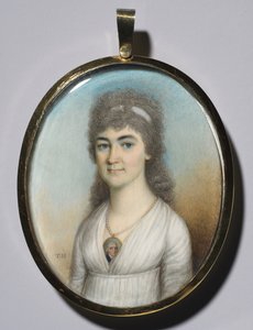 Retrato de una mujer con un miniatura, c. 1780 de Thomas Hazlehurst