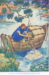 Un cofre de cristal flotando a lo largo del arroyo (litografía en color) de Thomas Heath Robinson