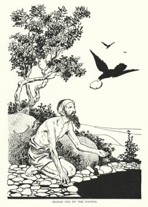 Elías alimentado por los cuervos (litografía) de Thomas Heath Robinson