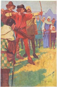Preparó su arco durante un breve instante, y luego aflojó la cuerda (litografía en color) de Thomas Heath Robinson