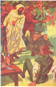 Se subió la manga y levantando el brazo golpeó al forajido de lleno en el pecho (litografía en color) de Thomas Heath Robinson