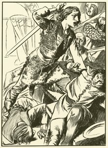 Hereward y sus hombres atacan a los normandos (grabado) de Thomas Heath Robinson