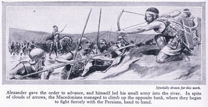 Cómo conquistó Alejandro su imperio: Darío, rey de Persia, reunió un gran ejército que fue derrotado por los macedonios en 334 a.C., c.1950 (litografía). de Thomas Heath Robinson