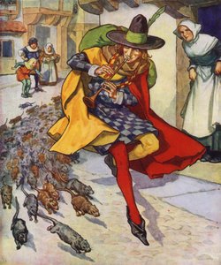 Ilustración de El flautista de Hamelin (litografía en color) de Thomas Heath Robinson