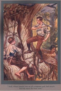 Jack, cuyo temperamento era temerario en todas las ocasiones, había golpeado ferozmente el nido de abejas (litografía en color) de Thomas Heath Robinson