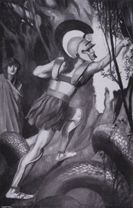 Jason saltó hacia adelante . . . y arrancó el vellón del tronco del árbol (litho) de Thomas Heath Robinson