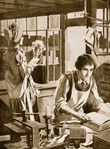 Michael Faraday como aprendiz de librero leyendo una enciclopedia (litografía) de Thomas Heath Robinson