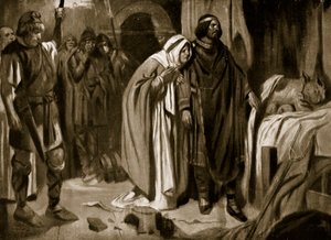 La reina Ethelburga convence a Ine de Wessex para que renuncie a la corona, 728, ilustración de "Hutchinson