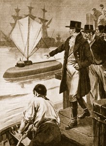 Robert Fulton en Francia mostrando su submarino "Nautilus" en funcionamiento (litografía)