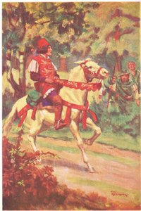 Robin y su compañero vieron al maestro Patrington cabalgando hacia ellos (litografía en color) de Thomas Heath Robinson