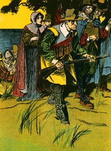 Los Padres Peregrinos entran en el Nuevo Mundo (litografía en color) de Thomas Heath Robinson