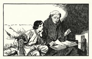 El futuro rey Alfredo recibiendo educación (litografía) de Thomas Heath Robinson