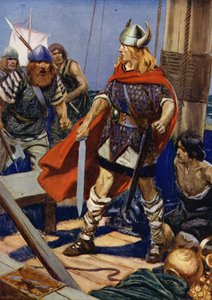 El bote de remos se acercó y de él saltó Guldred el Lobo, con Ulgar y otro para apoyarle: escena de El asalto a Rovan Hold (litografía en color). de Thomas Heath Robinson