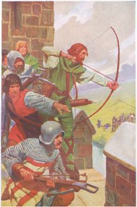 Comenzó entonces el asedio de Uterysdale, que duró varias semanas (litografía en color). de Thomas Heath Robinson