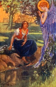 "Cuando la oyó tres veces, supo que era la voz de un ángel" (litografía en color) de Thomas Heath Robinson
