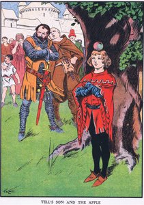 El hijo de Guillermo Tell y la manzana (litografía en color) de Thomas Heath Robinson