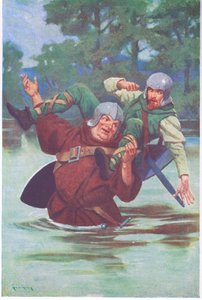 Con un tirón de sus grandes manos, envió al forajido a la corriente (litografía en color). de Thomas Heath Robinson