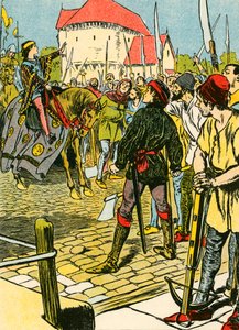El joven rey Ricardo sofoca la rebelión (litografía en color) de Thomas Heath Robinson