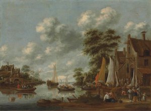 Paisaje fluvial con transbordadores y otras embarcaciones, figuras desembarcando junto a una posada de Thomas Heeremans