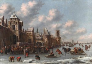 Paisaje invernal con figuras patinando y deslizándose en trineo sobre un foso helado junto a una ciudad fortificada de Thomas Heeremans