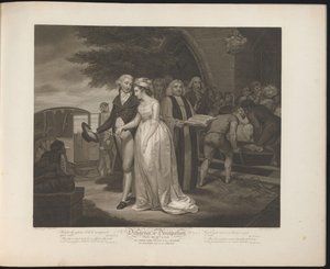 La criada humilde recién casada camina hacia un carruaje mientras la criada libertina está enterrada Lámina 10. La chica buena casada con su amo / El libertino puesto en su tumba (título sobre el objeto) Virtud and Debauchery (título de la serie) Diligenci de Thomas Hellyer