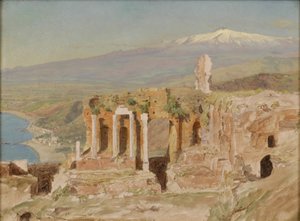 Vista de las Ruinas del Teatro Griego en Taormina y el Monte Etna, Sicilia de Thomas Hiram Hotchkiss