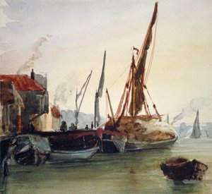 Vista de barcos amarrados en el río Támesis en Bankside, Southwark, Londres de Thomas Hollis