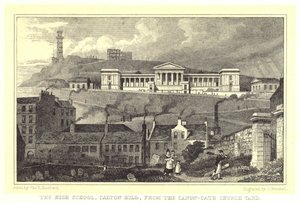 La Escuela Secundaria, Calton Hill, desde el Cementerio de la Iglesia Canon-Gate de Thomas Hosmer (after) Shepherd