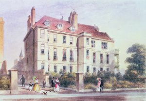 Entrada a Queen Square desde el parque, con vista a la casa de Jeremy Bentham de Thomas Hosmer Shepherd