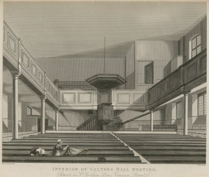 Interior de la reunión de Salters Hall, situada en St Swithins Lane, Cannon Street, Londres de Thomas Hosmer Shepherd