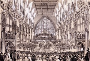 Interior del Guildhall - El Alcalde y la Corporación presentando su dirección al Emperador y la Emperatriz de Francia, 19 de abril de 1855 de Thomas Hosmer Shepherd