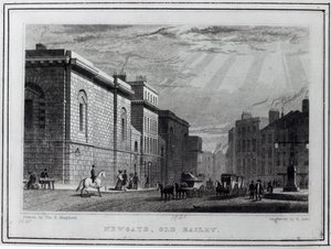 Prisión de Newgate y el Old Bailey, grabado por Robert Acon, 1831