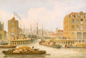 Puertas de entrada del Canal del Regente en Limehouse, Tower Hamlets, Londres, 1823 de Thomas Hosmer Shepherd