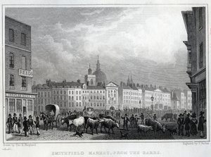 Mercado de Smithfield desde los Barrs, grabado por Thomas Barber, c.1830 de Thomas Hosmer Shepherd