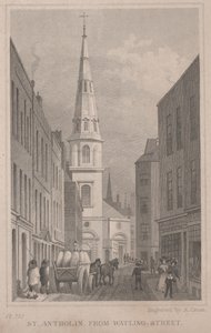 San Antholin, desde Watling Street, grabado por A. Cruse, c.1830 de Thomas Hosmer Shepherd