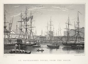 St Katherine Docks, desde el Basin, Tower, de Londres y sus alrededores en el siglo XIX pub. Jones und Co., 1827-1829 de Thomas Hosmer Shepherd