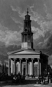 Iglesia de San Pancracio, Frente Oeste, grabado por James Tingle 1827 de Thomas Hosmer Shepherd